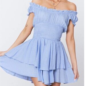 Princess Polly Blue Off-Shoulder Smocked Mini Dress